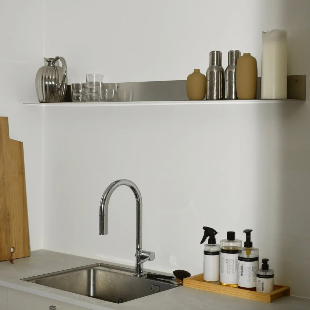 Wall-mounted classic steel shelf with clean minimal design, precision-cut metal construction, industrial storage shelf for modern home, kitchen, or office
