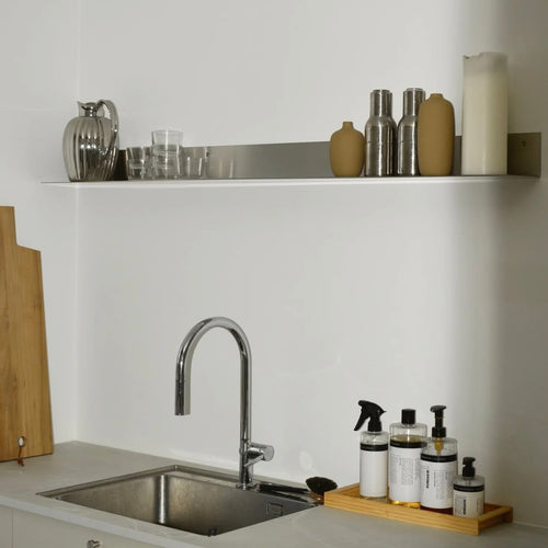 Wall-mounted classic steel shelf with clean minimal design, precision-cut metal construction, industrial storage shelf for modern home, kitchen, or office

