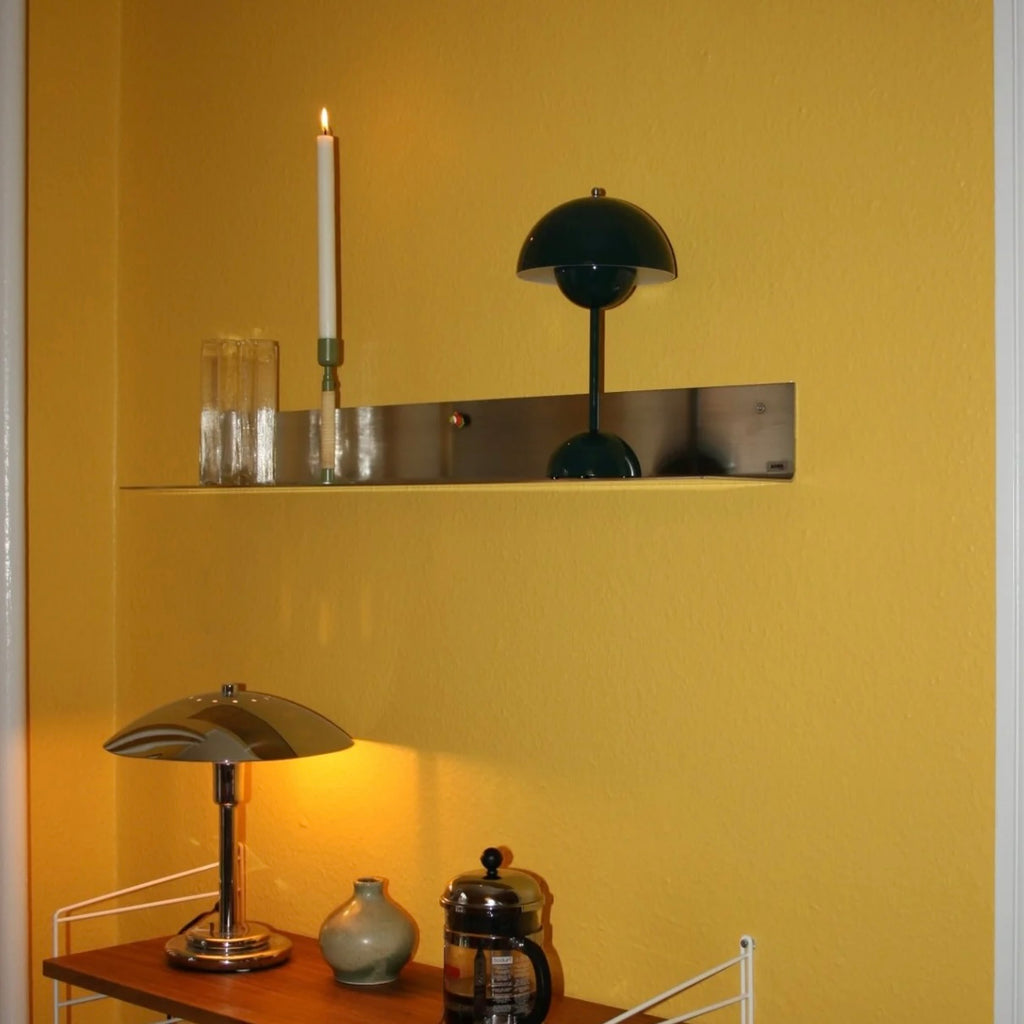 Wall-mounted classic steel shelf with clean minimal design, precision-cut metal construction, industrial storage shelf for modern home, kitchen, or office
