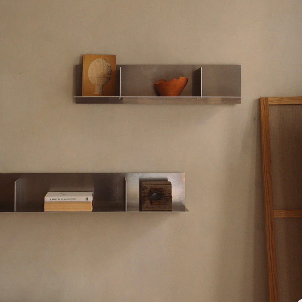 Steel partition shelf with open grid design, industrial room divider and storage unit, precision-cut metal shelving for modern living room, office, or studio