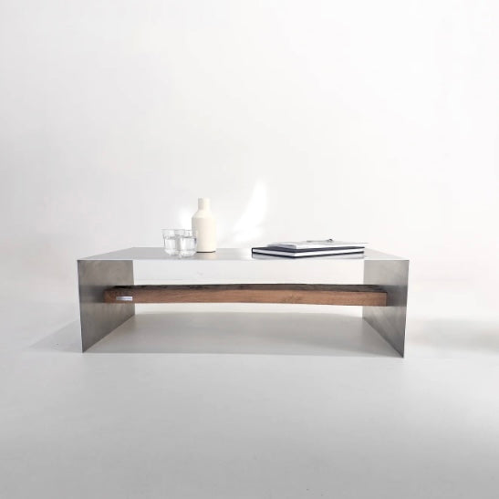 Monolith steel coffee table with bold minimal design, precision-cut metal construction, industrial center table for modern living room