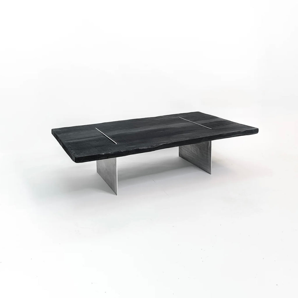 Charred wood coffee table with burnt finish surface, solid wood construction, modern rustic center table for living room