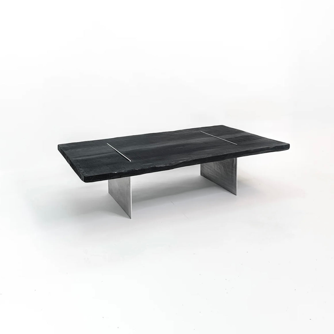 Charred wood coffee table with burnt finish surface, solid wood construction, modern rustic center table for living room