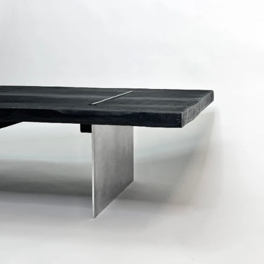 Charred wood coffee table with burnt finish surface, solid wood construction, modern rustic center table for living room