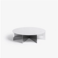 Radial steel coffee table with round top and geometric base design, precision-cut metal construction, minimal industrial center table for living room