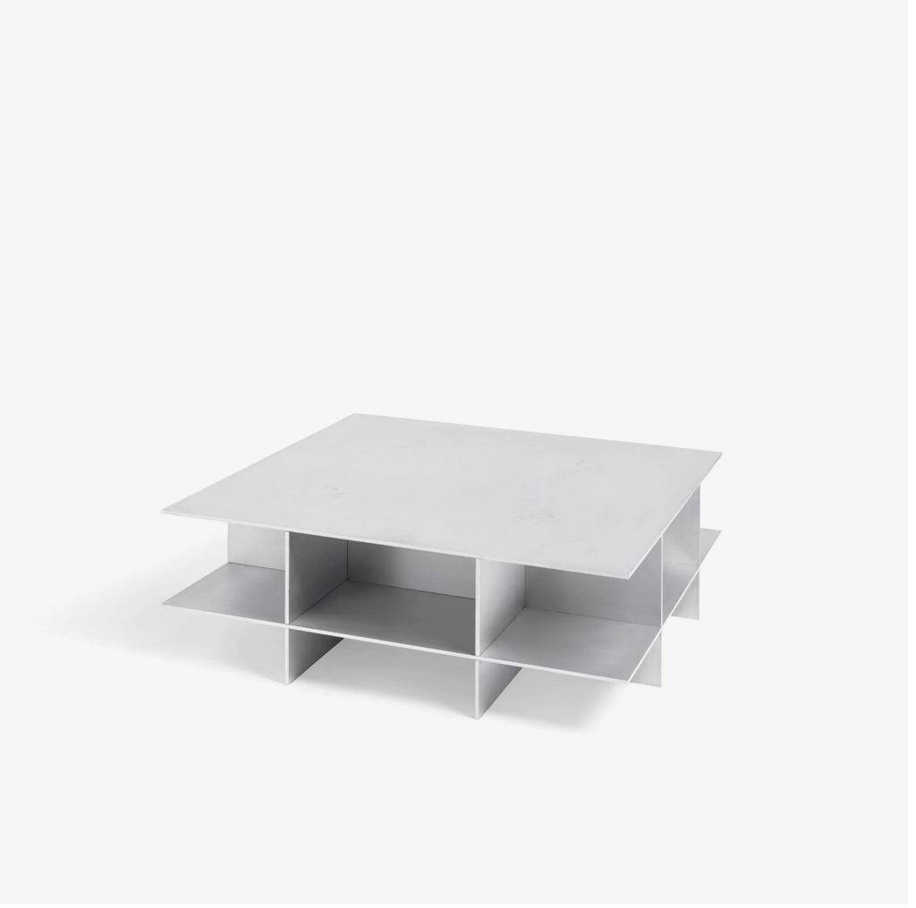 Metal grid coffee table with structured steel lattice design, precision-cut construction, industrial modern center table for living room