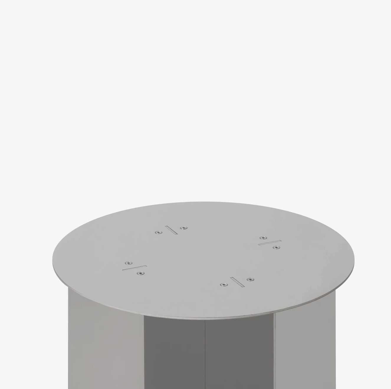 Round radial steel side table with geometric base design, minimal industrial look, precision-cut metal construction, modern side table for living room or bedroom
