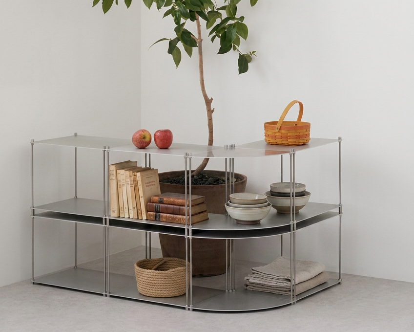 SteelHaus Modular Steel Shelf, curved – styled in interior